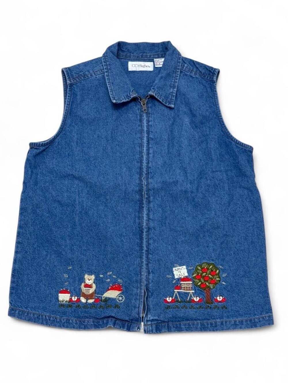 CC Hughes Vintage Denim Zip-Up Vest Embroidered Teddy Bear Apple Orchard